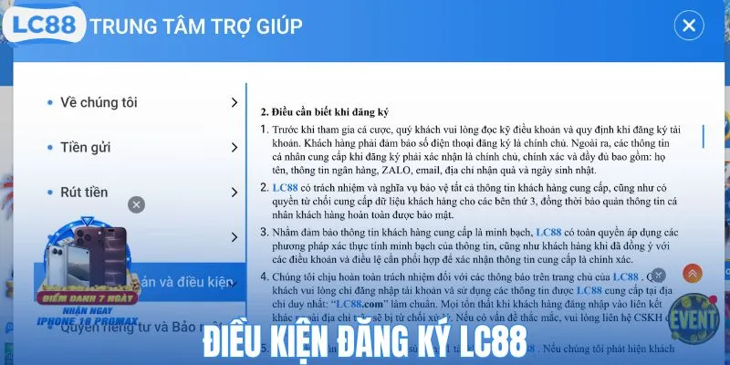 Điều kiện đăng ký LC88