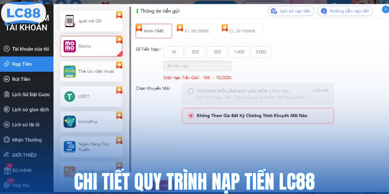 Khám phá chi tiết quy trình nạp tiền LC88