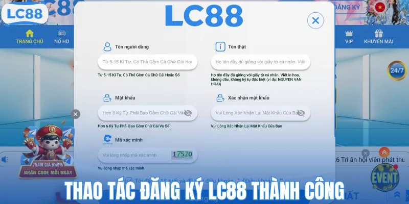 Thao tác đăng ký LC88 thành công